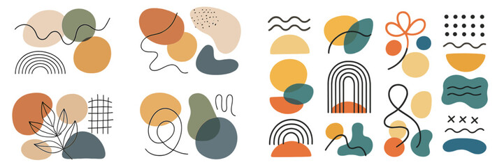 Collection of abstract contemporary shapes and minimalist doodle elements in a modern boho style with an earthy color palette