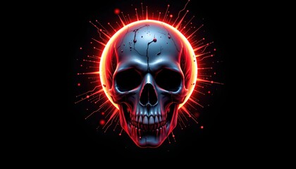 A digitally created skull with glowing red eyes and an explosion effect at the top, set against a dark background.