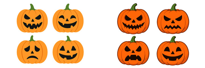 Set of Halloween jack-o'-lanterns with various spooky and funny facial expressions isolated on a white background