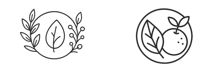 Set of two minimalist botanical icons with leaves and fruit in a modern line art style for natural product branding and logo design