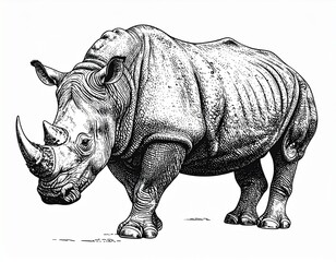 Obraz premium Detailed ink drawing of a rhinoceros standing in profile, showcasing its thick skin, horns, and powerful build against a white background.