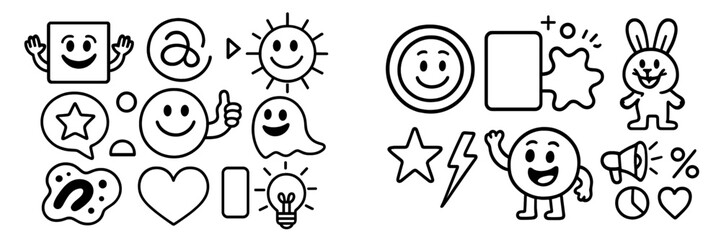 Collection of black and white cartoon characters and abstract icons in a simple doodle style featuring smiley faces, animals, and social media symbols