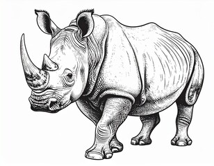 Obraz premium Detailed black and white illustration of a rhinoceros standing, showcasing its thick skin, horn, and powerful build.