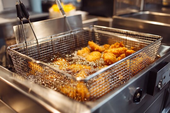 Commercial deep fryer with chicken frying in hot oil inside industrial kitchen, metal mesh basket with bubbling oil and crispy food, professional cooking equipment concept