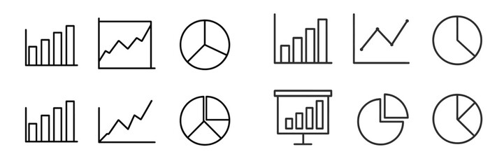 Set of line icons for business data analysis including bar charts, line graphs, and pie charts for presentations