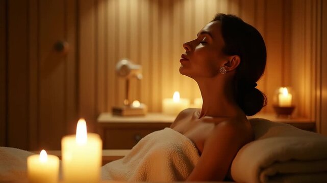 Luxury Spa Resort: Mother Relaxing in Herbal Steam Room Surrounded by Essential Oils and Candles - Wellness Retreat Visual Concept with Empty Space for Text