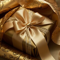 Luxurious Gift Wrapped in Golden Satin Ribbon