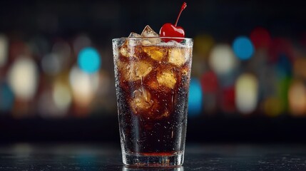 Cola glass with ice and cherry garnish, retro diner feel, 3D illustration , closes up