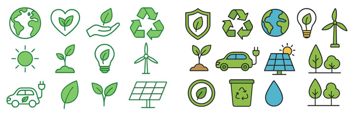 Set of ecology and green energy icons including recycling, solar panel, wind turbine, and electric car symbols for sustainability concepts