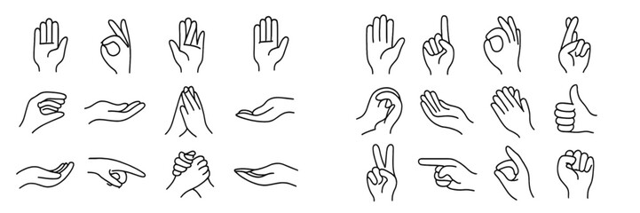 Collection of human hand gestures in various poses and signs like okay, peace, thumbs up, and pointing in a minimal line art style