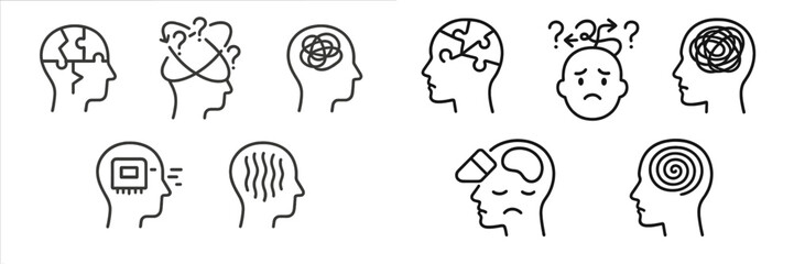 Psychology and mental health line icon set showing human heads with symbols of confusion, stress, anxiety, and thinking processes