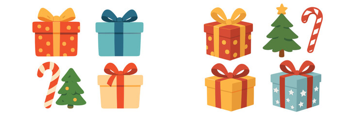 Collection of colorful Christmas gift boxes, presents, candy canes, and decorated trees isolated on a white background