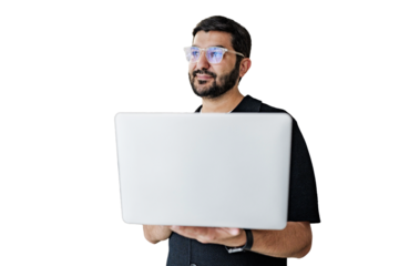 Person confidently uses technology while standing.