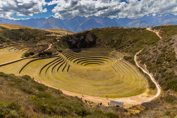 Moray terraces in Peru, Cusco Incas sacred valley of Incas cultural and historical archeological...