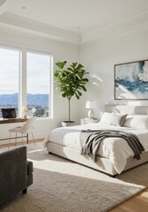 Bright bedroom interior features a large window with mountain views and a fiddle leaf fig tree.