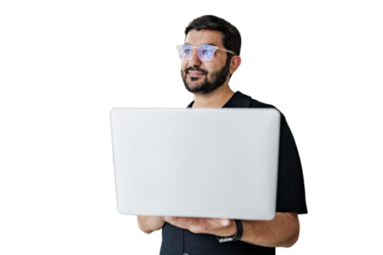 Person confidently uses technology while standing.