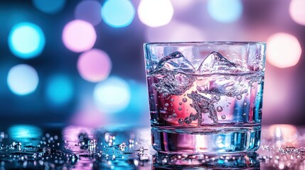 A glowing soda glass with bubbles forming holographic animal shapes, under a soft purple and blue neon light, fantasy style, high contrast, digital painting. , closes up