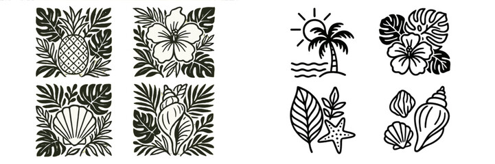 Collection of tropical summer icons in a black and white line art style featuring pineapple, hibiscus flower, seashells, and palm tree