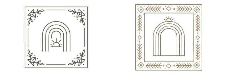 Bohemian style frames with arches and sun symbols in a minimalist design. Esoteric and mystical decorative elements with floral and geometric patterns for spiritual concepts