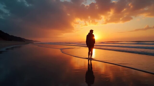 Solitary silhouette observing sunset beach scene with fiery skies mirrored in wet sand along tranquil shore during golden hour in  Photo Stock  Concept  and empty space on the left side