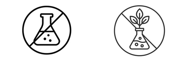 Chemical free and GMO free line icon set for natural product packaging and labels, symbols for organic food and cosmetics without preservatives or artificial additives