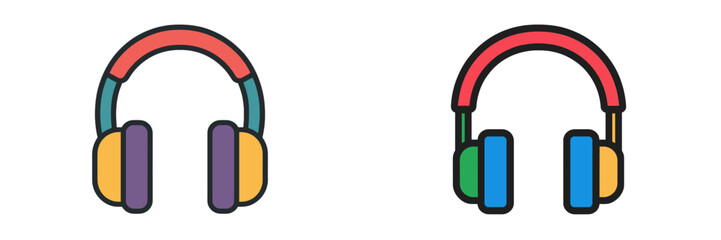Colorful headphones icon set for music and audio listening, modern flat design headset symbols isolated on a white background