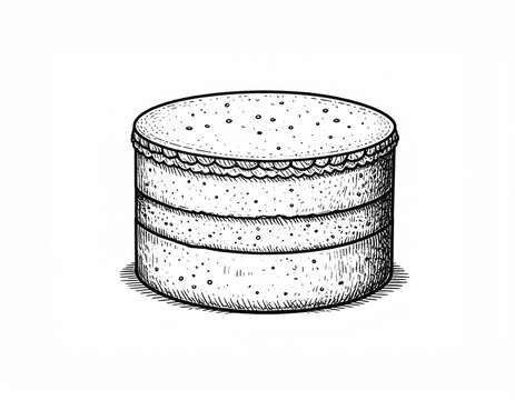 Hand-drawn illustration of a three-layer cake with a decorative border, rendered in a stippled, black and white style.