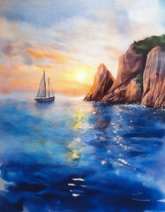 Watercolor with sailboat at sea, setting sun near rocky cliffs, shimmering water surface, serene summer atmosphere. Nautical, travel, marine theme, landscape