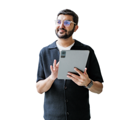 Person with tablet, deep in thought in modern space.