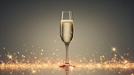 "Elegant Champagne Glass with Golden Sparkles on a Dark Background"