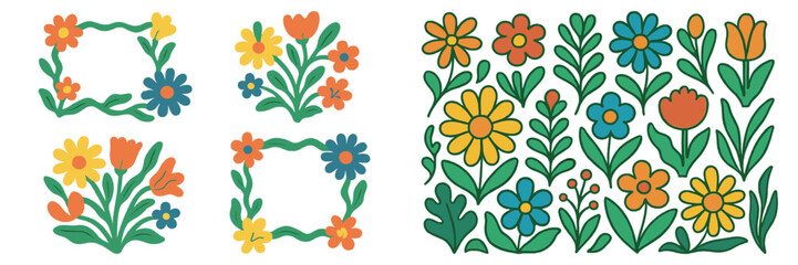 Collection of bright hand-drawn floral designs with leaves and flowers in orange, yellow, blue, and green, used for decoration or crafts.