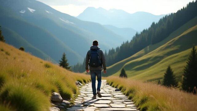 Serene Alpine Foothills: Walker on Stone Paved Trail with Panoramic Summit Views and Rolling Meadows - Nature Adventure Stock Photo
