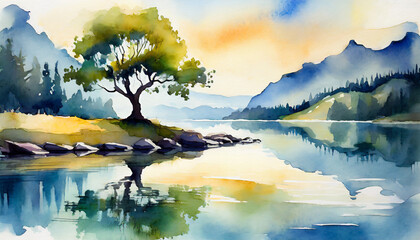 Serene watercolor lake scene with solitary tree on shore, mountain and calm water, nature landscape