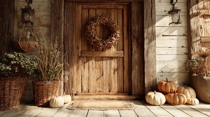 Rustic Autumn Porch Decor: Pumpkins, Wreath, and Wooden Door
