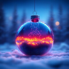 A glowing Christmas ornament, filled with vibrant light, sits in snow