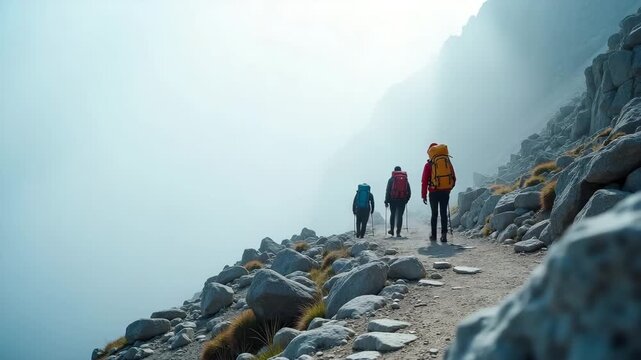 Expedition Team Navigates Narrow Mountain Pass with Climbing Gear: Coordinated Exploration Under Shifting Cloud Cover - Photo Stock Concept with Empty Space for Text