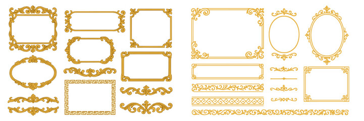 Collection of ornate gold frames and decorative borders with vintage classic style, including baroque scroll dividers and elegant filigree elements for certificates or invitations