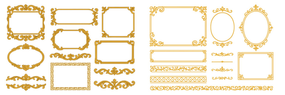 Collection of ornate gold frames and decorative borders with vintage classic style, including baroque scroll dividers and elegant filigree elements for certificates or invitations