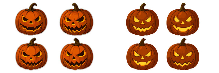 Collection of spooky Halloween jack o' lanterns with various evil and grinning carved faces and glowing eyes isolated on a white background