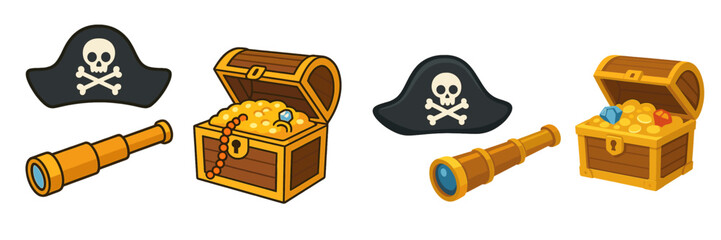 Pirate adventure icon set with treasure chest full of gold coins and jewels, captain hat with skull and crossbones, and a spyglass for exploration