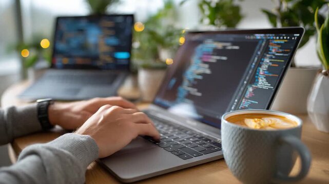 Tech Workspace: A person delves into coding on a laptop amidst a cozy workspace adorned with a warm cup of coffee, and potted plants, a tableau of tech and tranquility.