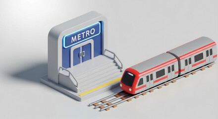 Isometric metro station and train, depicting urban public transportation and infrastructure in a minimalist style