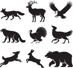 Fototapeta premium Wild Animal Silhouettes Featuring Fox Deer Eagle Turkey Wolf Rabbit Bear vector illustration