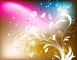 Abstract floral design with swirling white tendrils, small flowers, and a vibrant background of pink, blue, and brown hues.