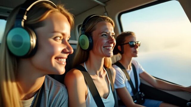 Candid Laughter of Smiling Travelers on Air Tour in Open Cockpit Aircraft - Panoramic Aerial Views and Joyful Moments