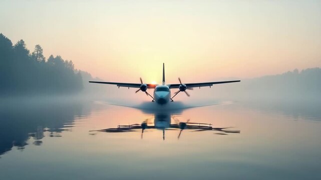 Ethereal Seaplane at Dawn: Misty Lake Flight with Swirling Wisps - Tranquil Aerial Scene, Serene Nature, Early Morning Adventure, Photo Stock Concept