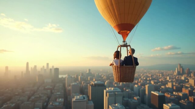 Passengers in wicker balloon basket gaze over urban sprawl as balloon drifts over city skyline capturing architectural details from skyward perspective in  Photo Stock  Concept  and empty space on the