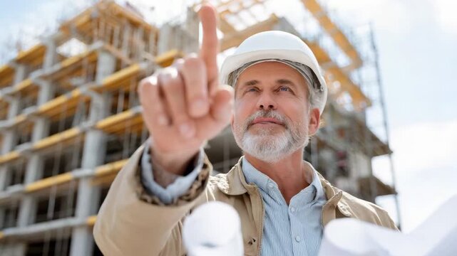 The Visionary Architect: A seasoned architect, adorned in a safety helmet, points confidently towards a newly constructed skyscraper, a tangible symbol of progress and innovation in the cityscape. 