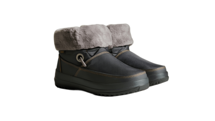 Stylish black winter boots with faux fur trim.