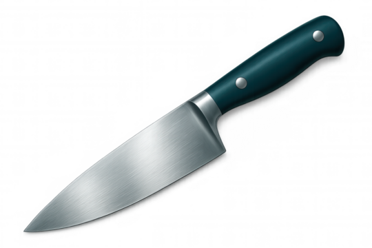 Professional chef knife with dark green ergonomic handle, positioned against clean white surface, highlighting precision cutting design - Powered by Adobe